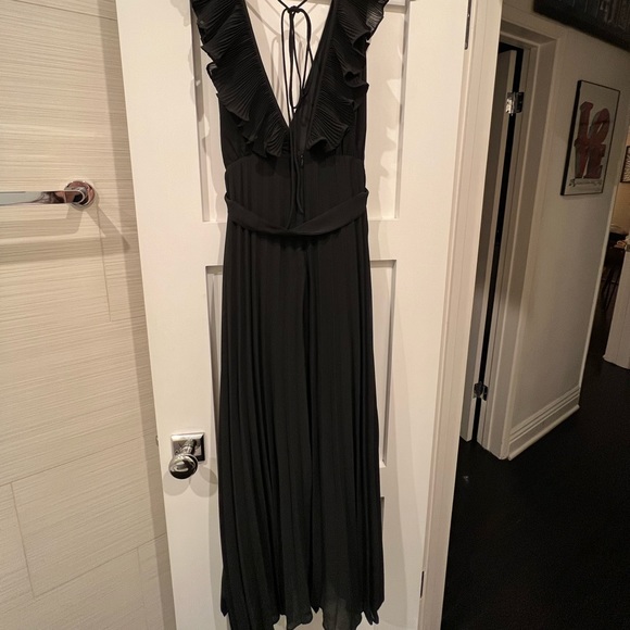 Pleated High Neck Ruffle Chiffon Floor-length Dress Ocean Blue main image 1